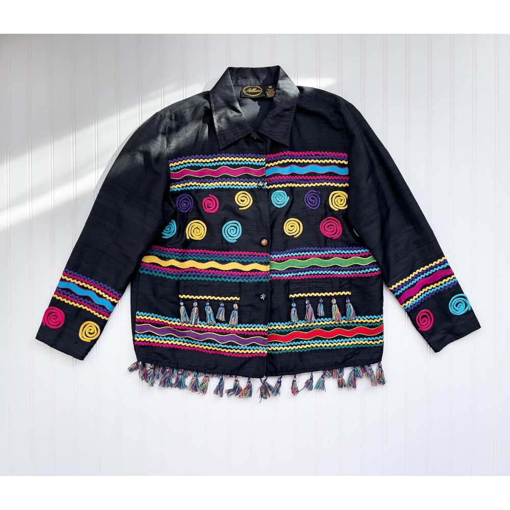 vtg Allure black silk rainbow embroidered tassel fringed jacket size M‎